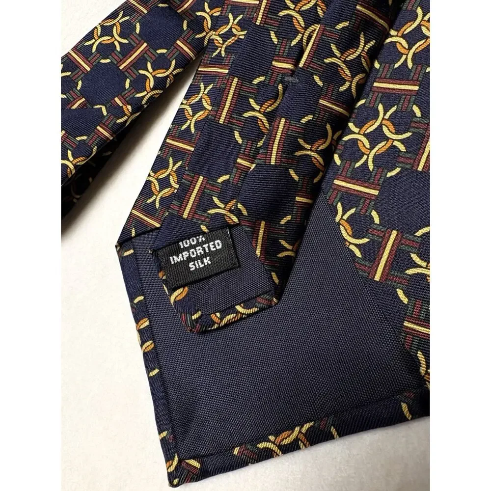 Ted Lapidus Silk Tie USA‎ Navy Blue Gold Yellow Burgundy Circle Chain 4